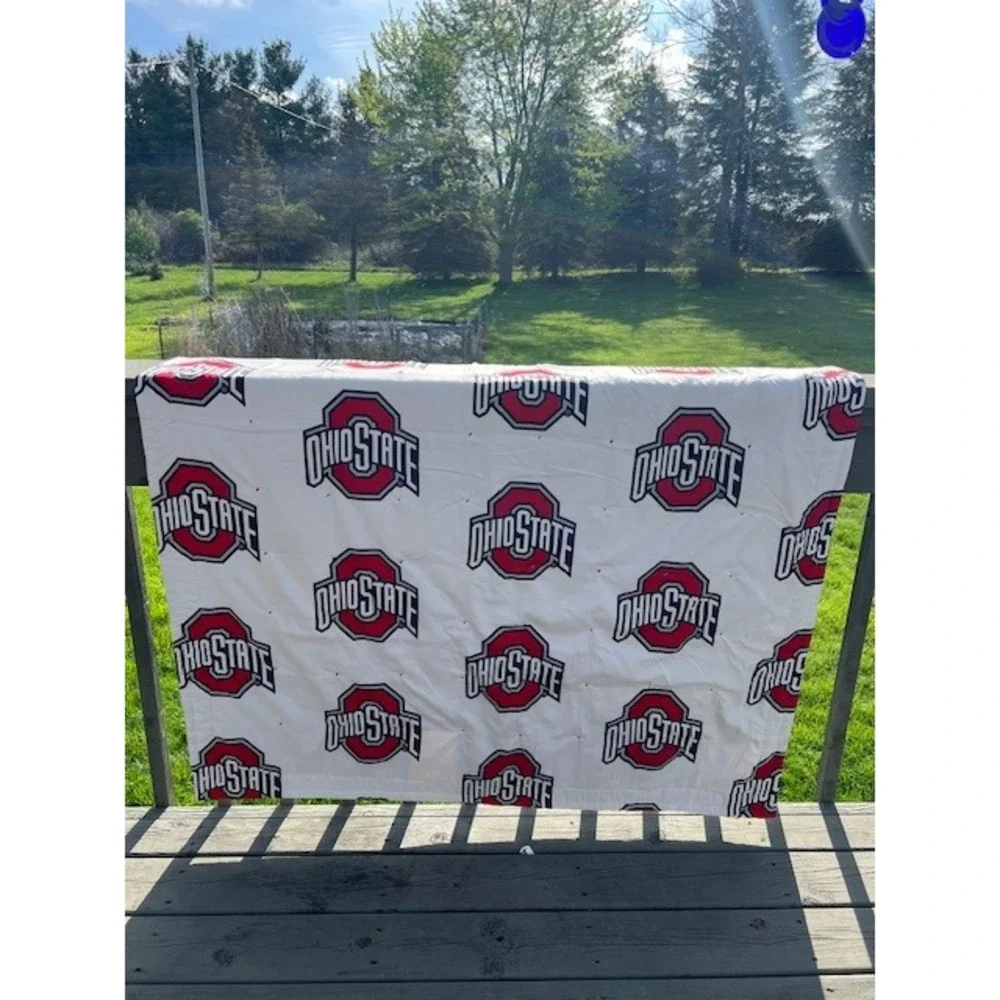 Handmade Ohio State Buckeyes Reversible Denim Patchwork Quilt Tied Throw Blanket